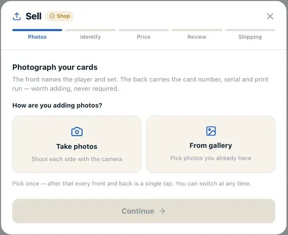 The sell wizard on its first step, showing the four it walks through and the one-time shipping step a first sale adds: photograph the card, identify the printing, price it, review it.