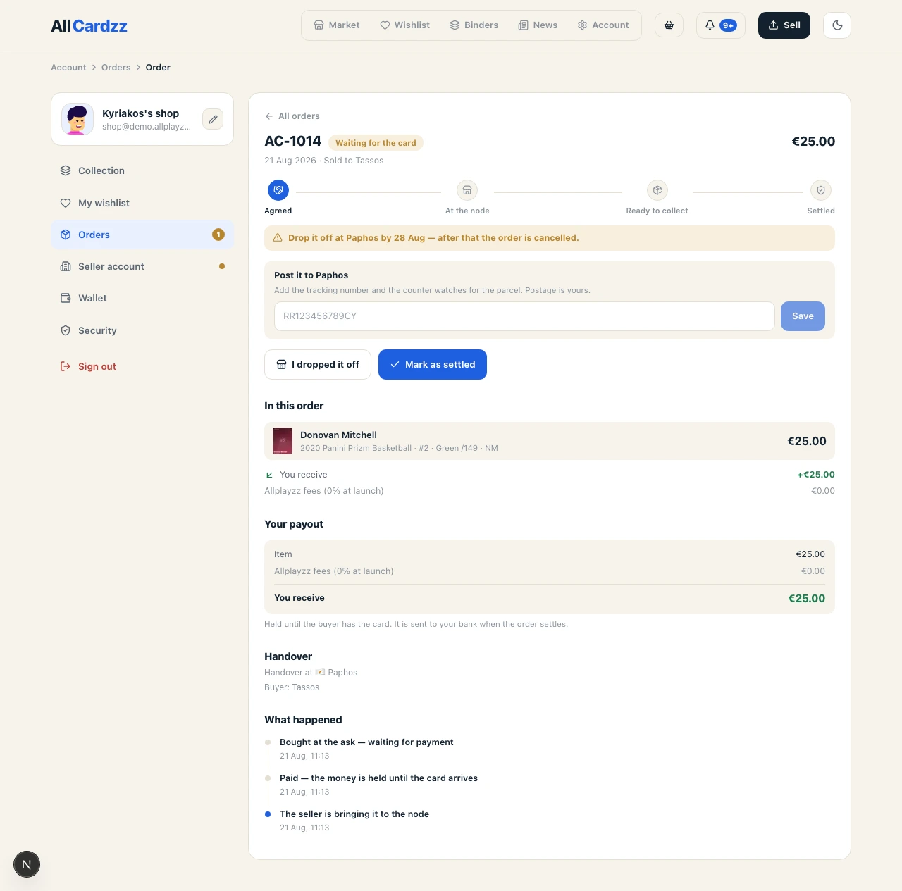 A seller's order after a sale: the drop-off deadline as a date, the field for a tracking number if the card is posted instead, and the payout underneath — item price, the fee line, and what is left.