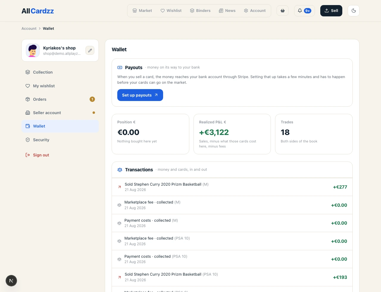 A seller's wallet: the payout account, the position and the realised profit and loss, and a ledger in which the marketplace fee and the payment costs are rows you can read rather than a number subtracted out of sight.